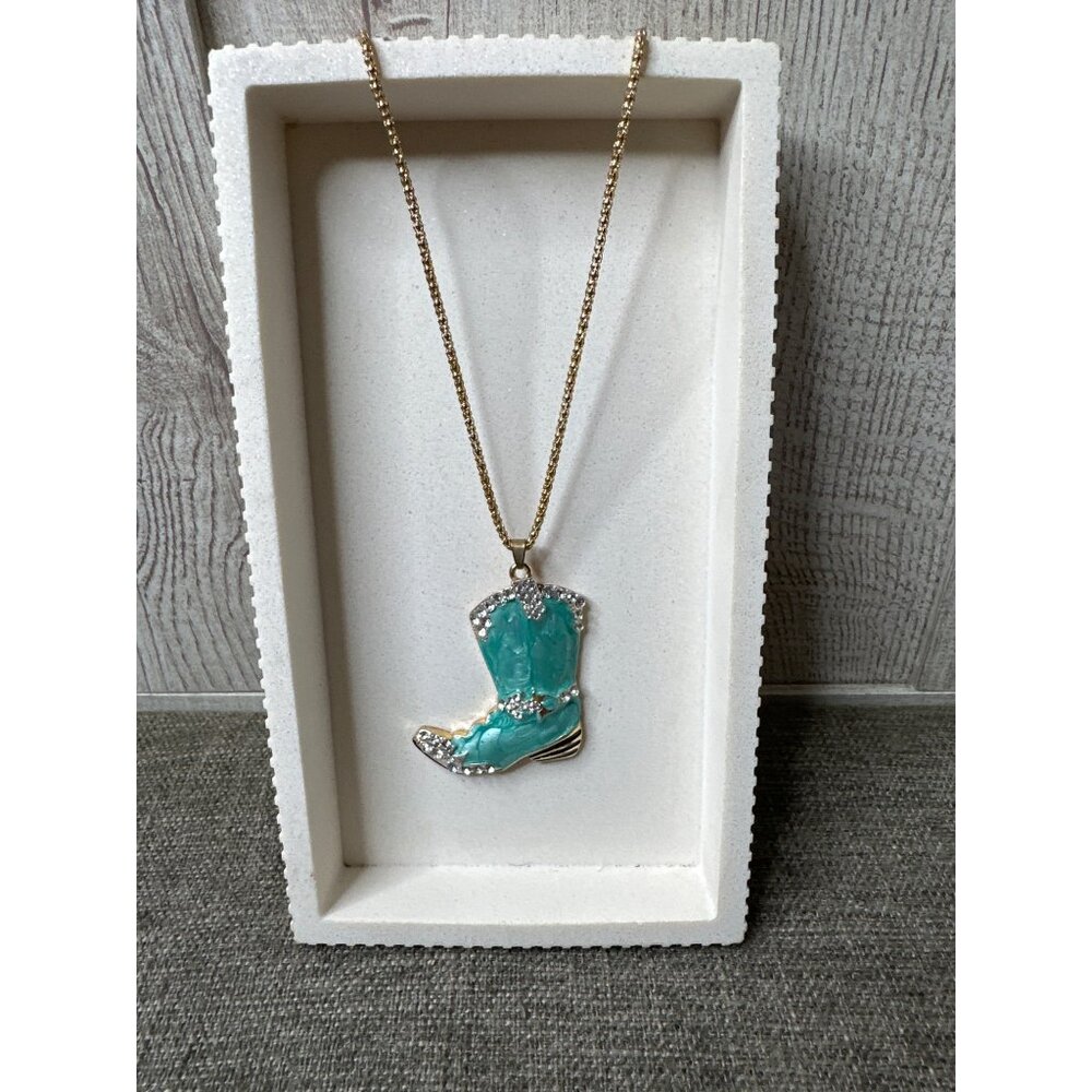 Betsey Johnson Turquoise Boot Pendant Necklace With Rhinestones - Picture 2 of 8